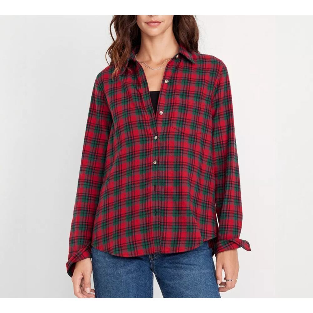 Old Navy Classic Flannel Plaid Button-Up Shirt Women's Size XXL Tall Red Green
